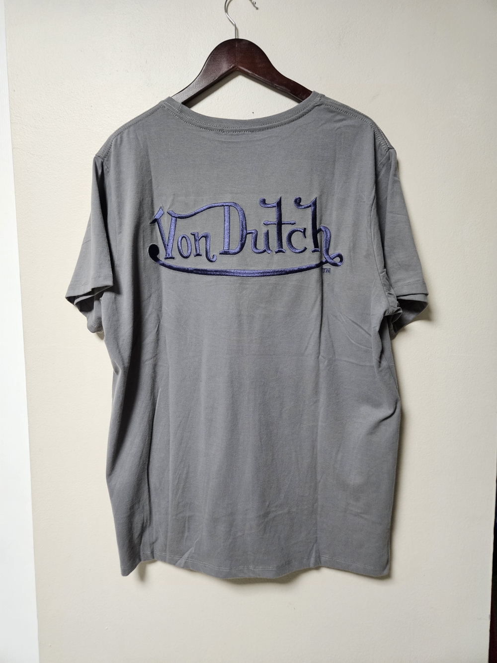 Von Dutch Men's Gray T-Shirt Embroidered Logo Y2K Streetwear